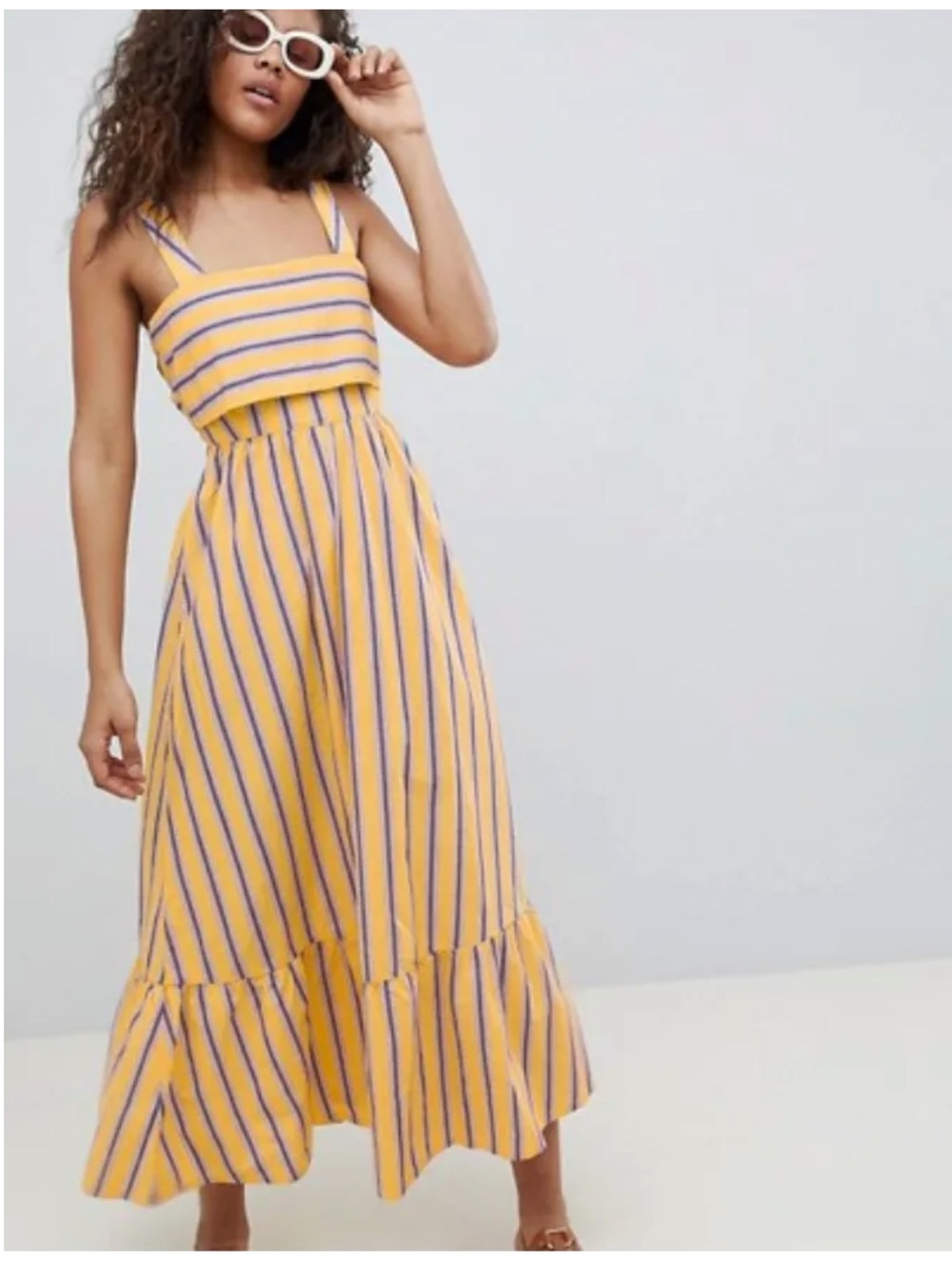 Asos Maxi Dress Size 10 Yellow Blue White Striped Knot Detail Beachy Cotton